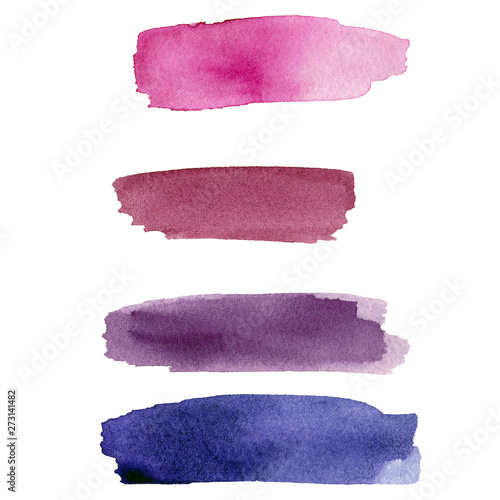 Set of purple watercolor blot on white background. The color splashing in the paper. It is a hand drawn picture
