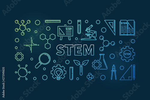 Science, Technology, Engineering and Mathematics vector concept linear colored horizontal illustration on dark background
