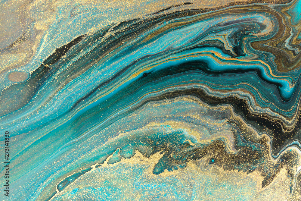 Blue marbling pattern. Golden marble liquid texture. - obrazy, fototapety, plakaty 