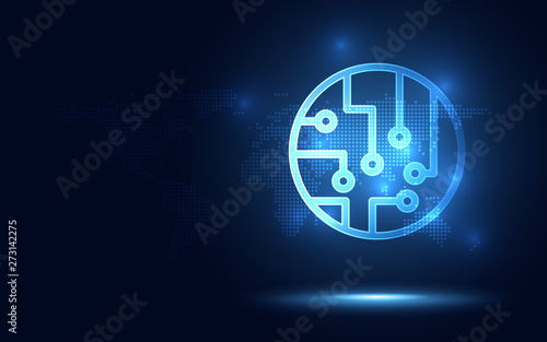 Futuristic blue Circuit board abstract technology background. Artificial intelligence digital transformation and big data concept. Business quantum internet network communication concept