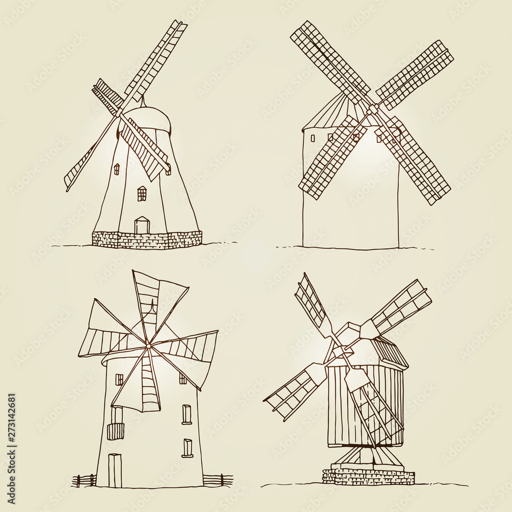 Windmills set vector silhouettes isolated on beige background, hand drawn sketch collection