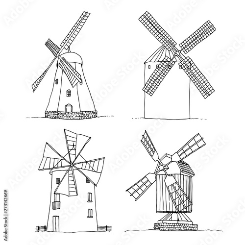 Windmills set vector silhouettes isolated on white background, hand drawn sketch collection
