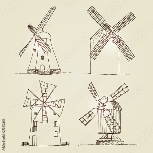 Windmills set vector silhouettes isolated on beige background, hand drawn sketch collection