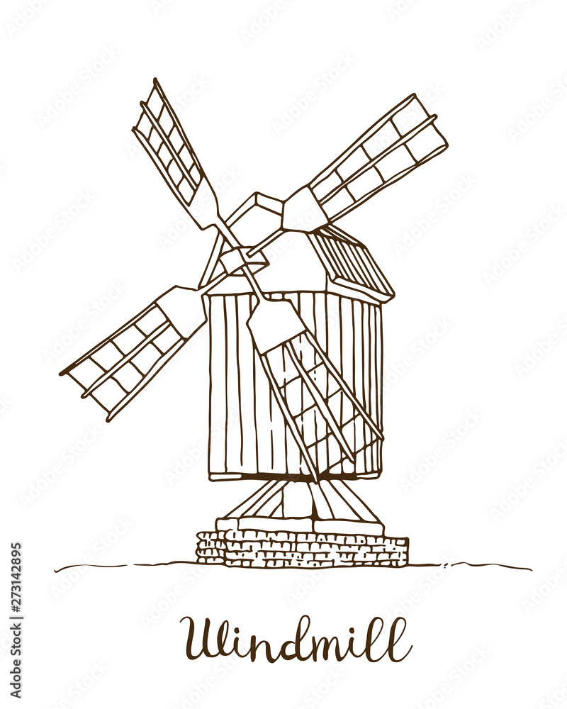 Windmill vector drawing, hand drawn sketch of mill isolated on white background