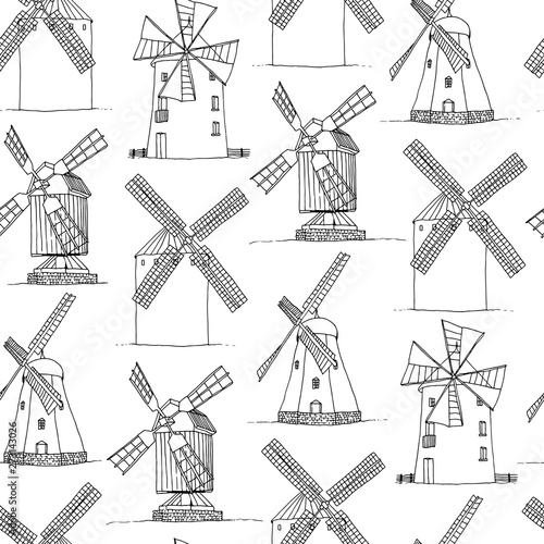 Windmills vector silhouettes seamless pattern, hand drawn mills vintage white background