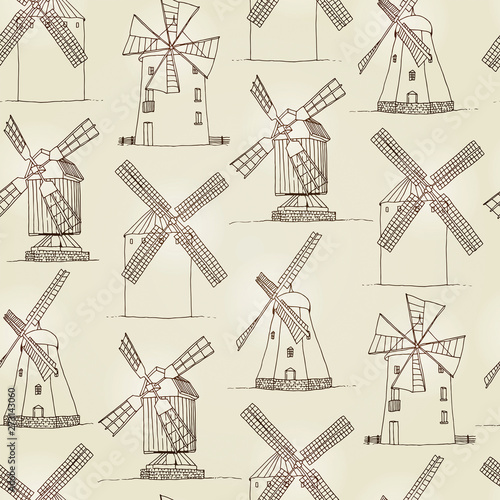 Windmills vector silhouettes seamless pattern, hand drawn mills vintage background