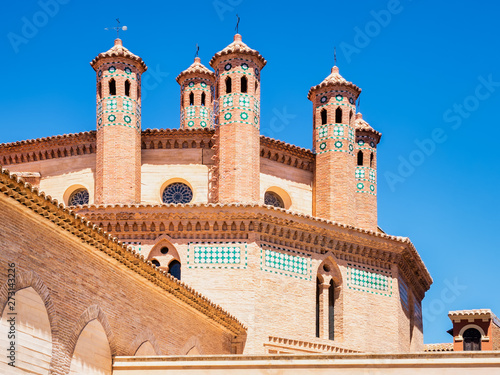 Teruel, Spain. Exterior facade and dome of the church of San Pedro in the Mudejar style, World Heritage Site by UNESCO