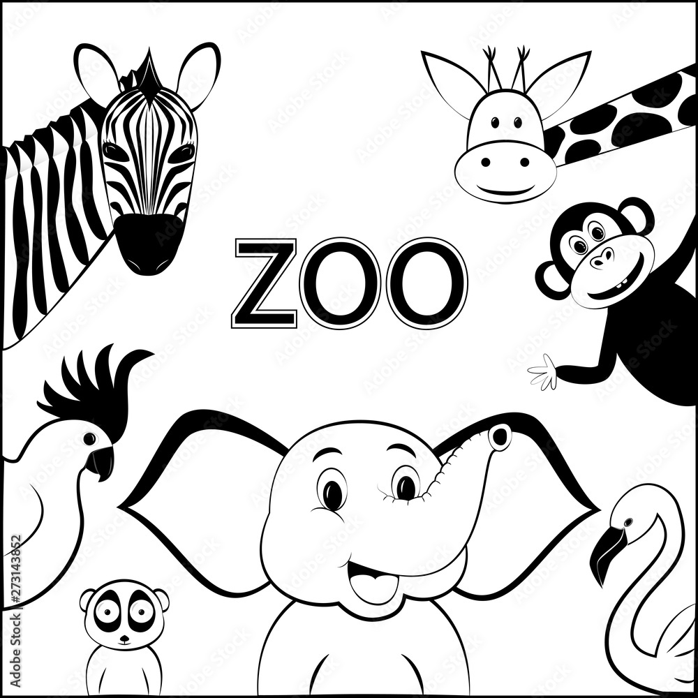balck and white poster for zoo, different cartoon wild happy animals are  located around the space for text, isolated on a white background square  vector illustration Stock Vector | Adobe Stock