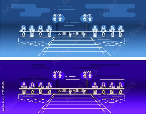 Vector linear picture of the pier on the water, with the lighting elements in the form of lights, benches and a parapet on a dark blue background and purple