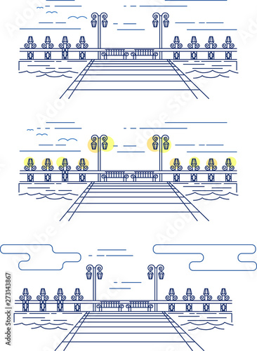 Vector linear image of the pier on the water, with lighting elements in the form of lanterns, benches and parapet