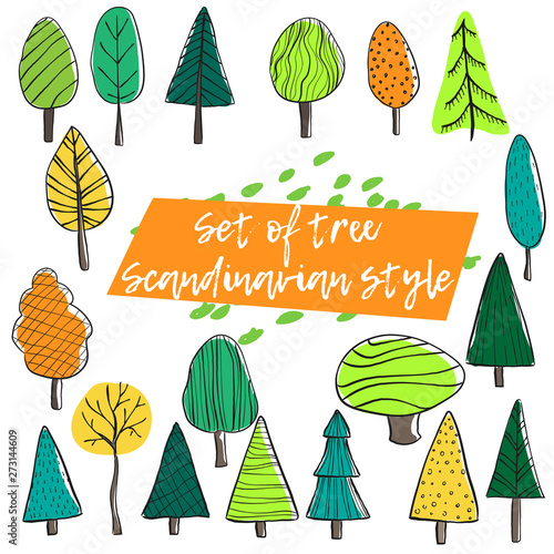 Vector hand draw set of differend trees in scandinavian style. Collection of colorful forest illustration in cartoons style. Doodle of autums wood and fur-tree photo