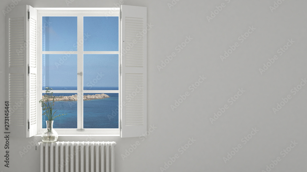 Fototapeta premium Stylish empty room with panoramic window close-up, classic shutters, glass vase with flowers. Sea landscape, granite rocks. White background with copy space, interior design concept