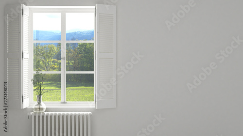 Stylish empty room with panoramic window close-up  classic shutters  glass vase with flowers. Green park  meadow with trees. White background with copy space  interior design concept