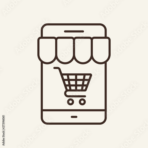 Mobile shopping line icon. Phone, storefront, shopping cart on screen. Ecommerce concept. Vector illustration can be used for topics like online store, buying, purchase
