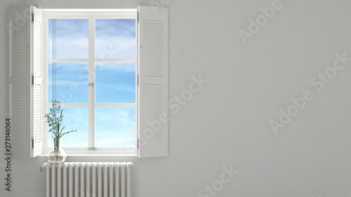 Stylish empty room with panoramic window close-up, classic shutters, glass vase with flowers. Cloudy blue sky. White background with copy space, interior design concept © ArchiVIZ