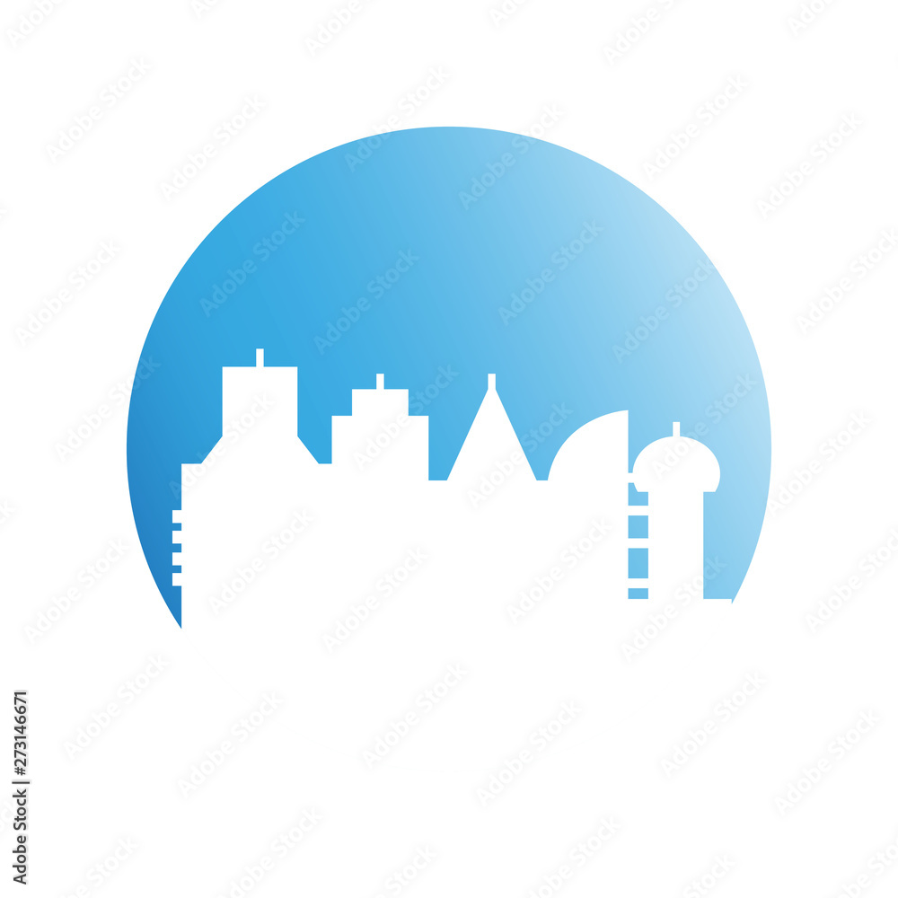 city skyline in blue circle background