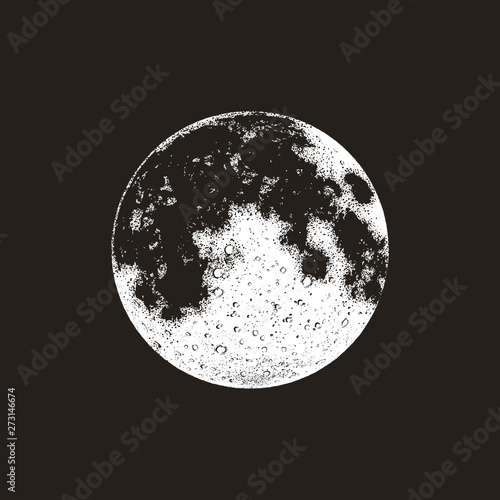 Realistic moon sketch, black and white graphic, vector illustration