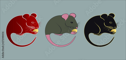 Dessin vectoriel de 3 rats, rouge, gris et noir, animal symbolique pour l’année chinoise 2020.