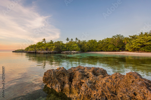white sand beach with palm trees in sunset golden hour a summer sunny vacation image