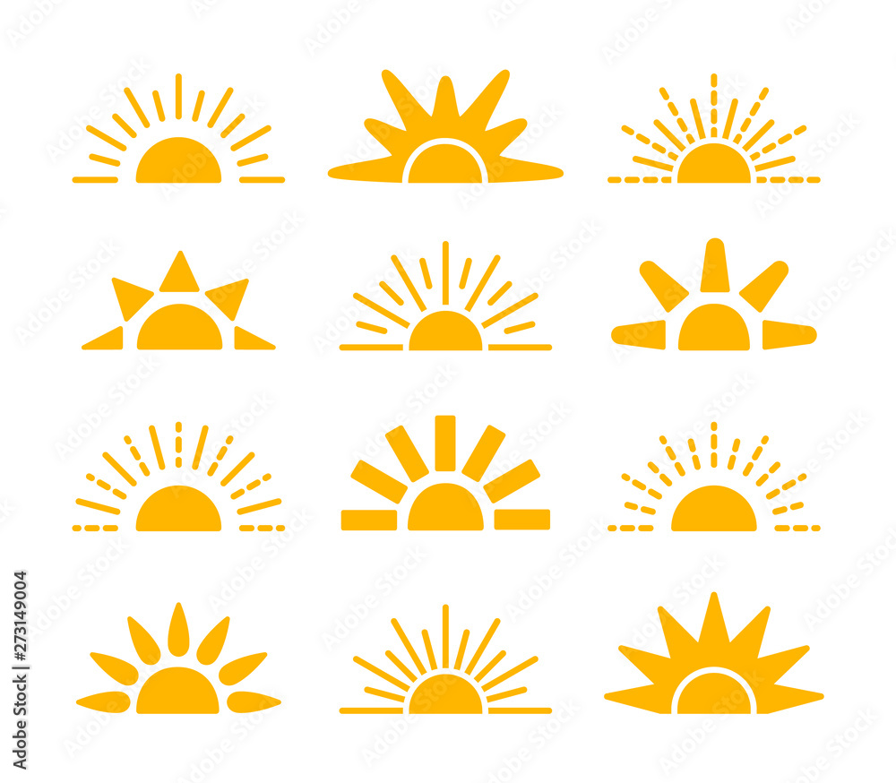 Sunrise & sunset symbol collection. Horizon flat vector icons. Morning sunlight signs. Isolated object. Yellow sun rise over horison. - obrazy, fototapety, plakaty 