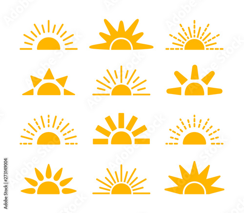 Sunrise & sunset symbol collection. Horizon flat vector icons. Morning sunlight signs. Isolated object. Yellow sun rise over horison. © Milta