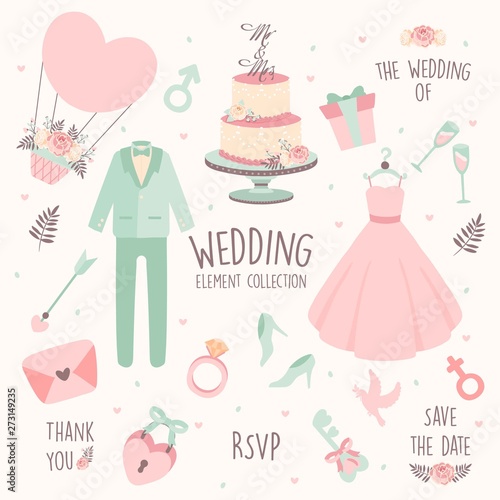 Hand drawn doodle Love Wedding Icon Set - Wedding Engagement Love Valentine's day Couple Bridal, love and romantic - dress suit tart cake cupid hot air balloon camera champagne - Vector Illustration