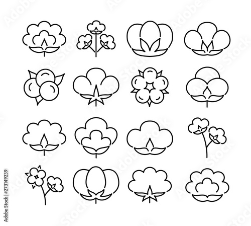Cotton flower & ball. Line icon set. Symbol & logo for natural eco organic textile, fabric. Black & white vector illustration