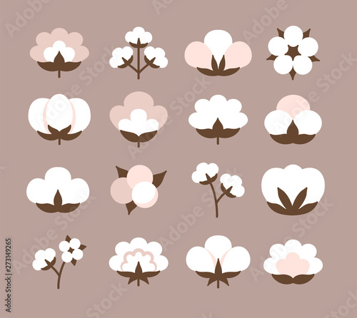 Cotton flower & ball. Beige pastel symbol & logo of natural eco organic textile, fabric. Flat vector icon set