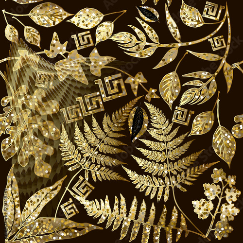 Glitter gold floral greek vector seamless pattern. Ornamental shiny geometric background. Tropical exotic glittery flowers, plants, fern leaves. Greek key meanders ornament. Luxury textured decoration