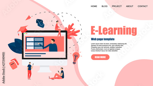 Webpage template with Online education or web course with distance teacher. E-learning concept 