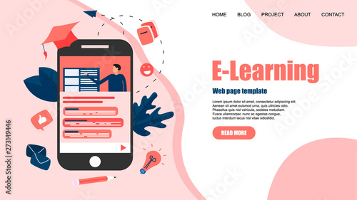 Webpage template with Online education or web course with distance teacher. E-learning concept 