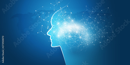 Machine Learning, Artificial Intelligence, Cloud Computing and Networks Design Concept with Human or Robot Face and Network Mesh 