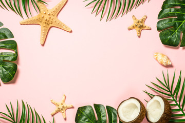 Summer flat lay background. on pink