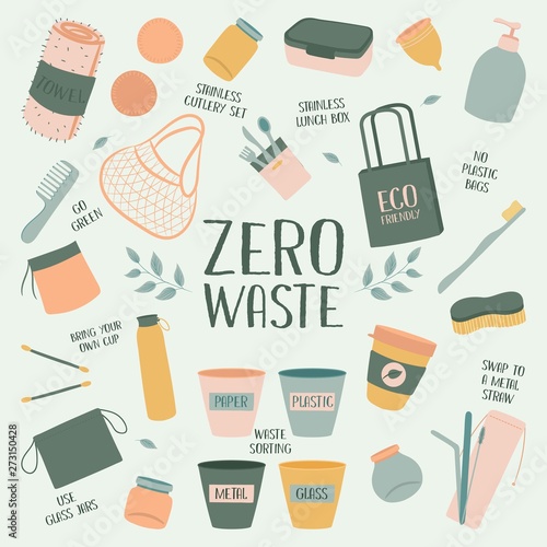 Hand Drawn Zero Waste Element Icon Set Background. Eco Green. Less Plastic. Eco Friendly. Eco Green. Eco Life. Earth Day. Infographic. Vector - Illustration
