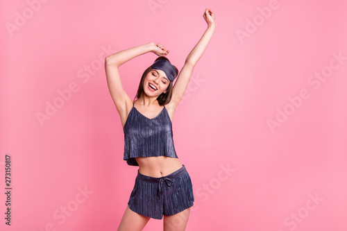 Portrait of her she nice-looking attractive winsome adorable fashionable lovable lovely charming cheerful cheery straight-haired lady having fun isolated over pink pastel background
