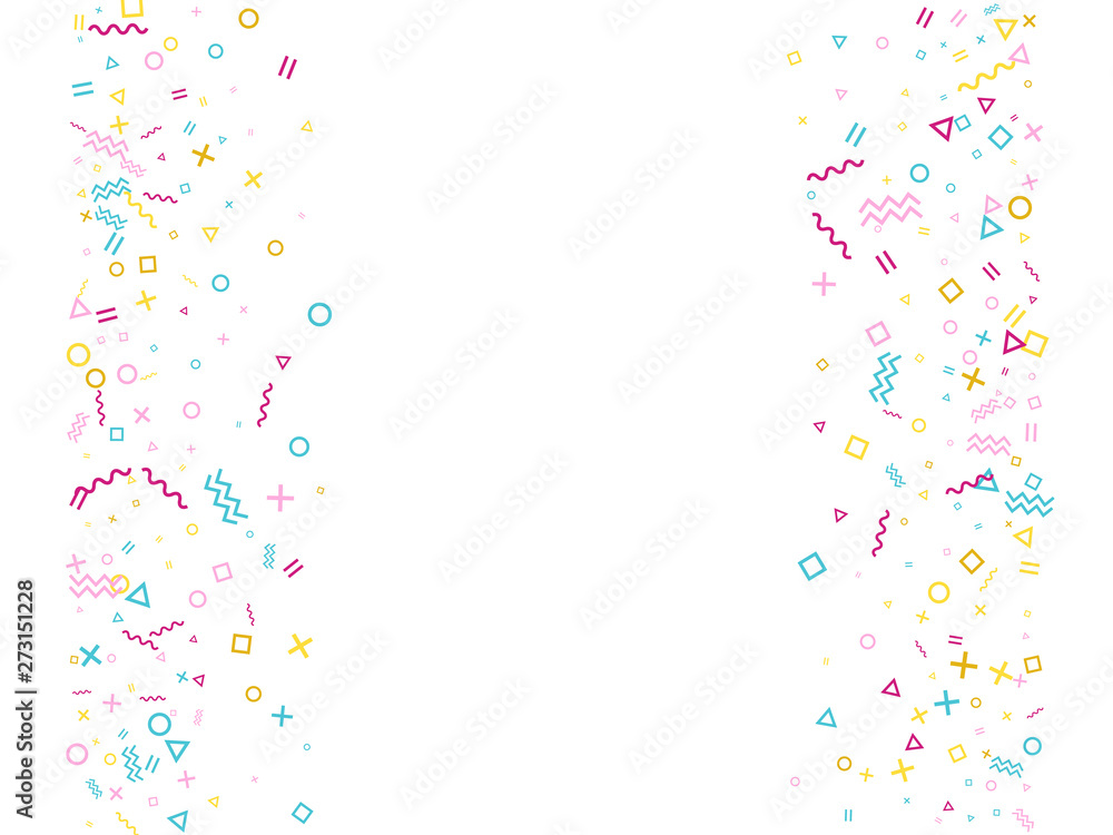 Simple 80s style bauhaus pink cyan yellow confetti falling scatter on white.