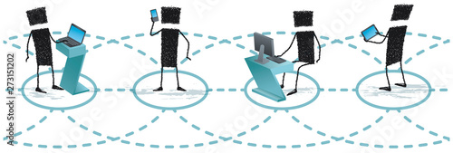 People networked, isolated on white background. Silhouettes of a group of stick figures connected with one another in a row. Each one is using a different mobile device (mobile, laptop, tablet, PC)