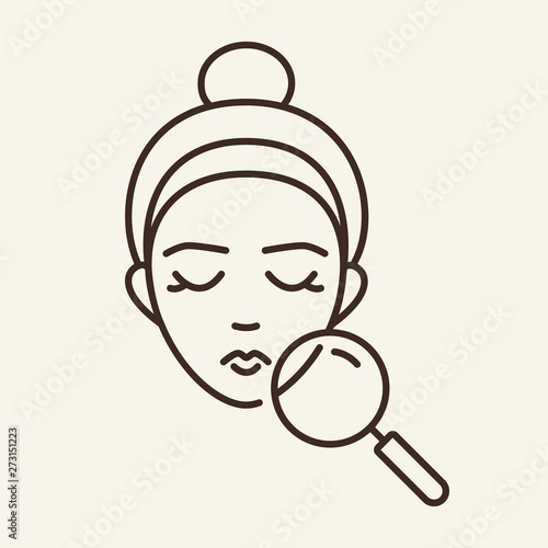 Skin problems line icon. Female face, magnifying glass, woman. Beauty care concept. Vector illustration can be used for topics like skin care, dermatology, acne