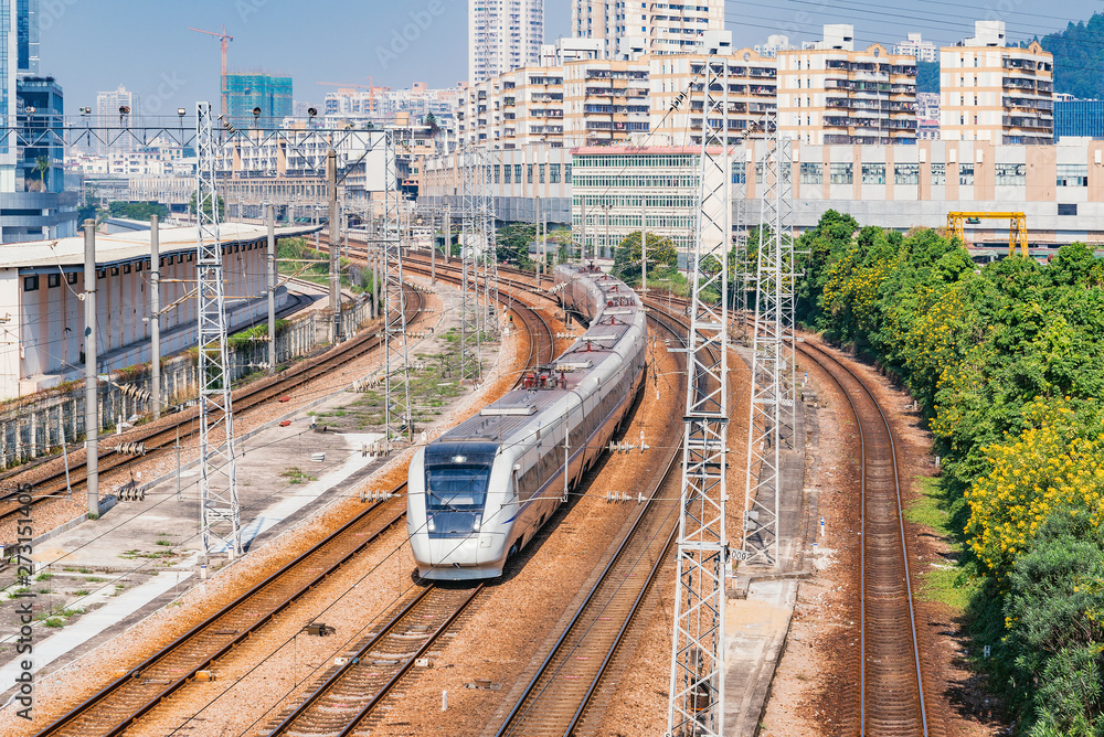 Naklejka premium Highspeed train on the railway station at day time.
