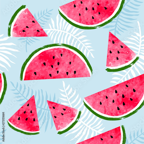 Seamless pattern with watermelon slices and palm tropical leaves