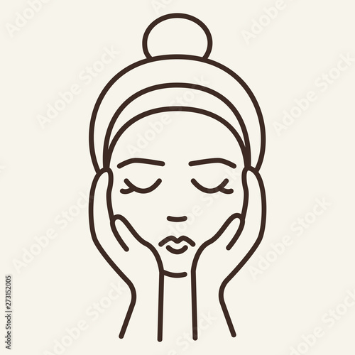 Face massage line icon. Woman, customer, hands touching face. Beauty care concept. Vector illustration can be used for topics like cosmetology, skin care, spa salon