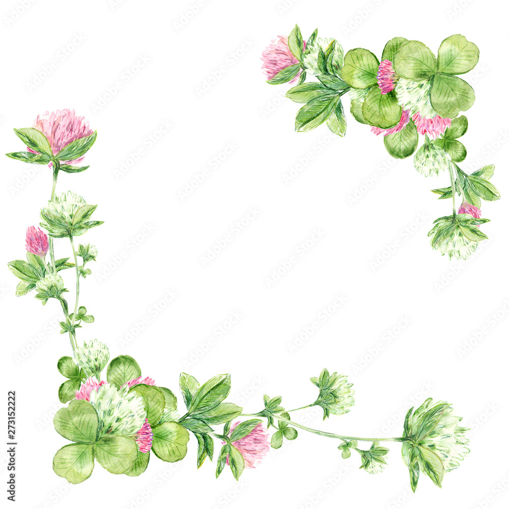 Watercolor corner frame with clovers. Hand draw illustration with clipping path. Summer flowers for you beautiful design.