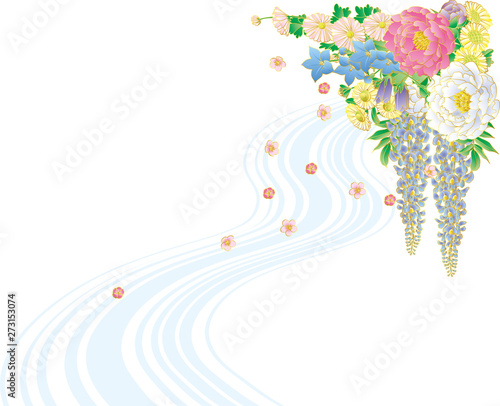 和風の花と流水.背景素材.