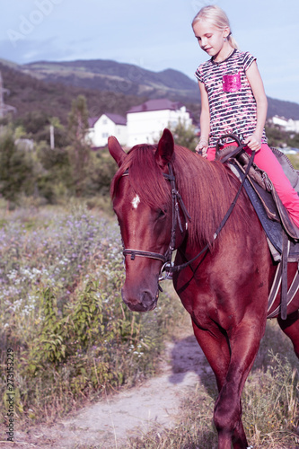 Cute young girl riding a brown horse on a country road in a field. Children's summer sports camp. The child quietly travels on a stallion.