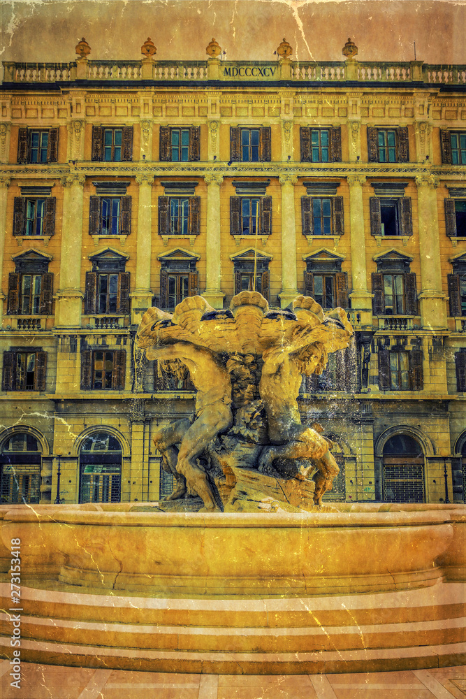 Fototapeta premium Old photo with Fontana dei Tritoni, Trieste, Italy