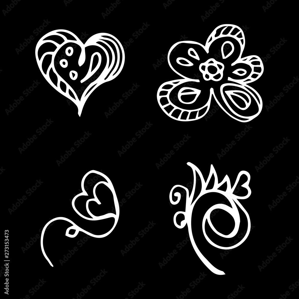 Flowers and hearts hand drawn doodle collection isolated on black background. 4 floral graphic elements. Big set. Outline collection Flowers and hearts hand drawn doodle collection isolated on black background. 4 floral graphic elements. Big set. Outline collection
