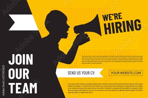 We are hiring design poster with man and  megaphone.Open vacancy design template. Join our team
