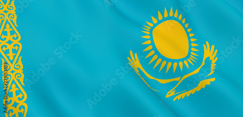 National Fabric Wave Closeup Flag of Kazakhstan Waving in the Wind. 3d rendering illustration.