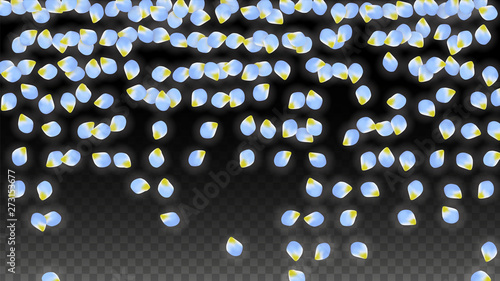 Vector Realistic Blue Petals Falling on Transparent Background.  Spring Romantic Flowers Illustration. Flying Petals. Sakura Spa Design. Blossom Confetti.