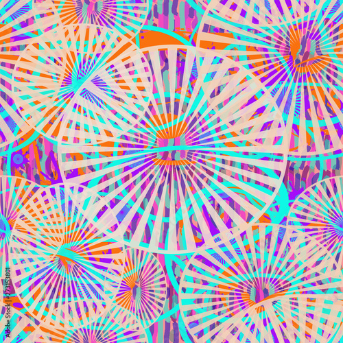 Seamless pattern of colored circles. Turquoise, pink, orange geometric elements on a background of multicolored curves lines.